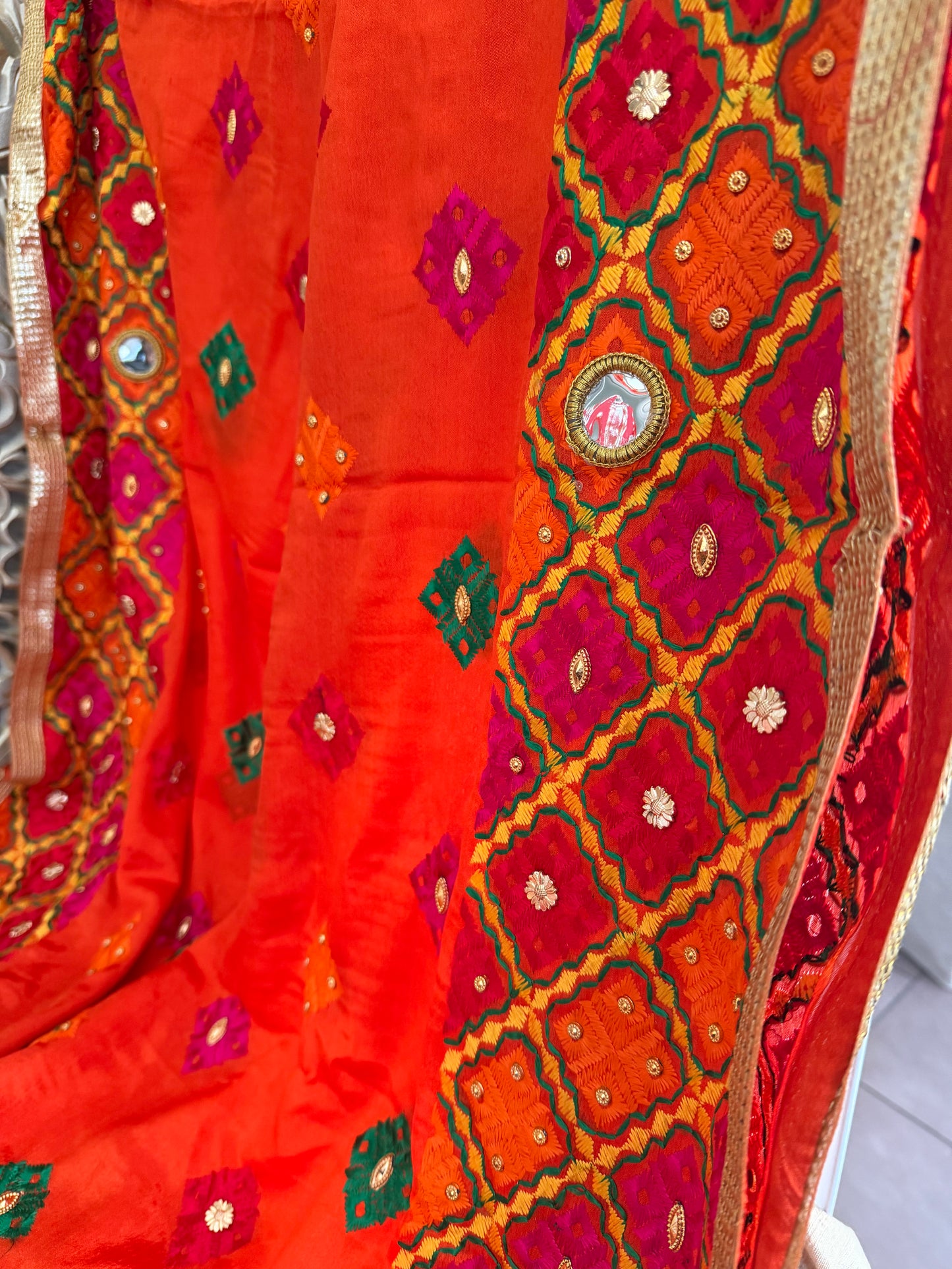 Orange Chinon Dupatta | Multicolor Mirror Embroidered Scarf | Indian Ethnic Dupatta | Lightweight Shawl Phulkari| Clearance