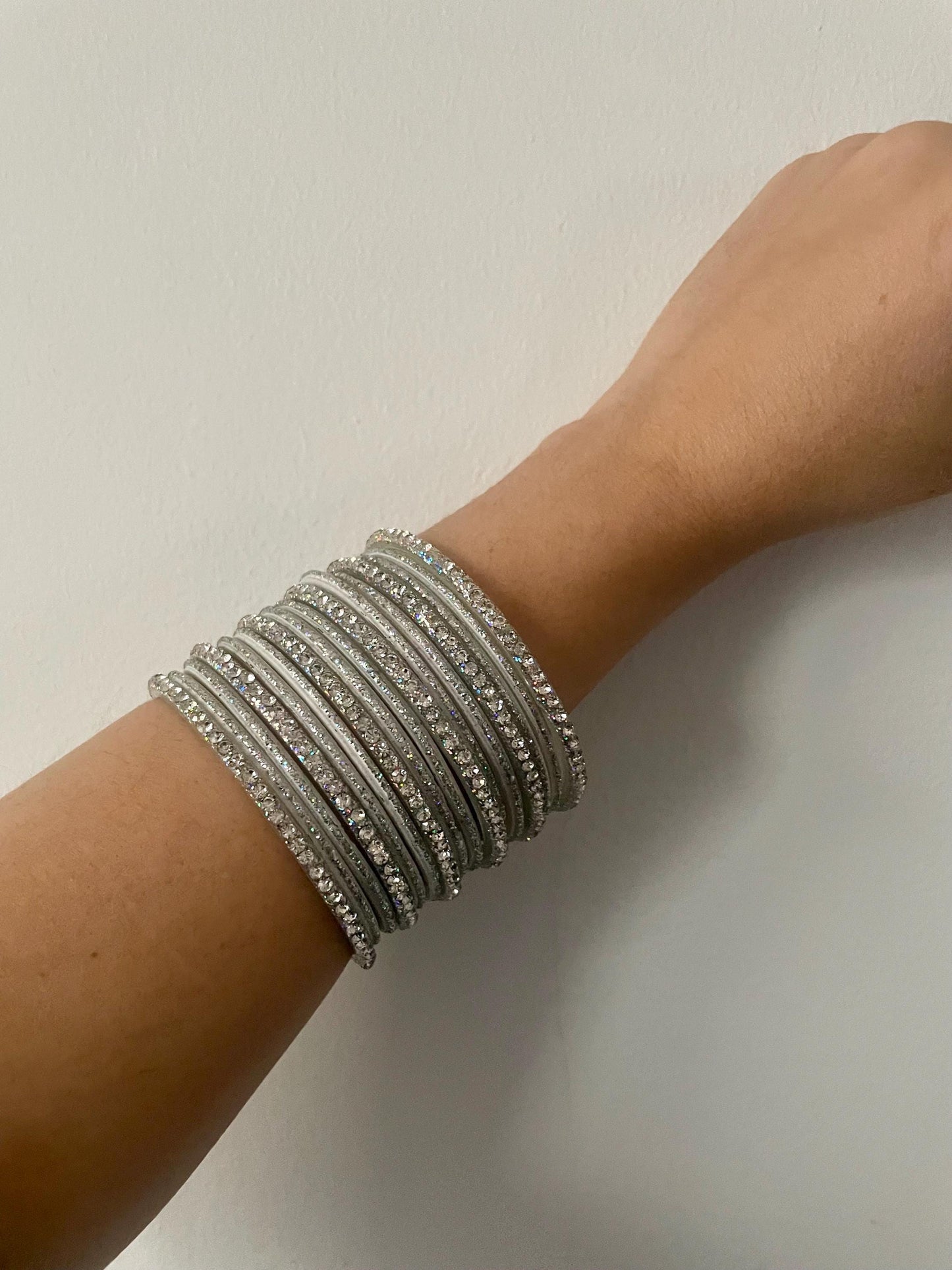 Glass Bangles Silver and White Sparkle and Glitter Stones | 32 Bangles| Set for two hands