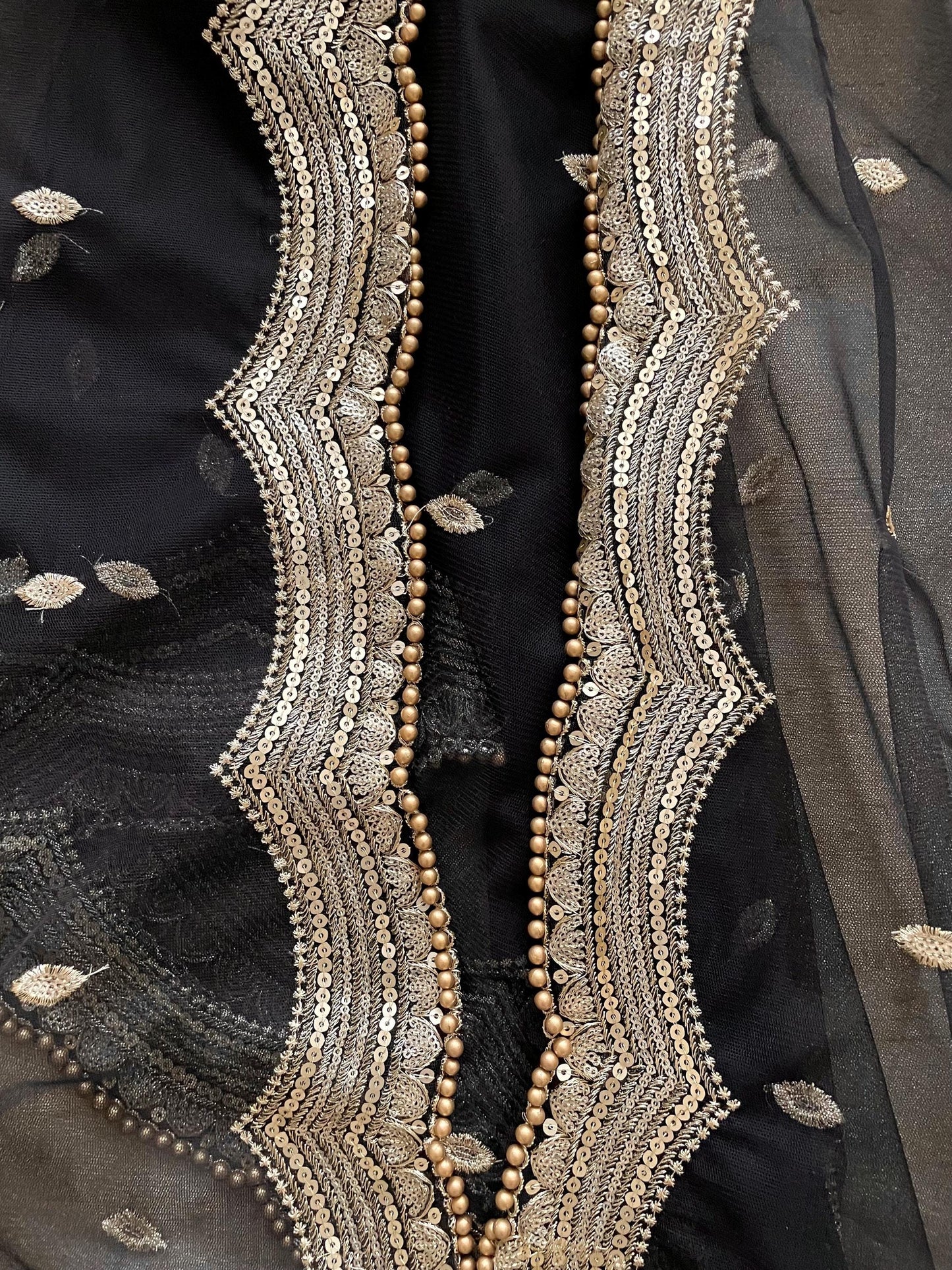 Black Net Dupatta: Scalloped Sequin Border, Golden Beads