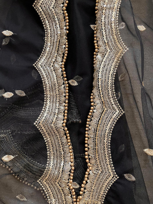 Black Net Dupatta: Scalloped Sequin Border, Golden Beads