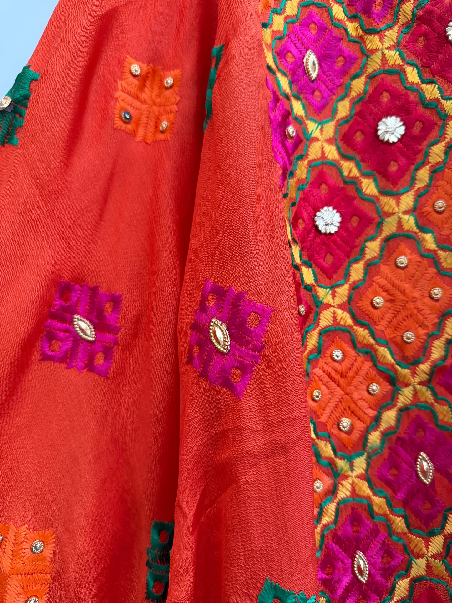Orange Chinon Dupatta | Multicolor Mirror Embroidered Scarf | Indian Ethnic Dupatta | Lightweight Shawl Phulkari| Clearance