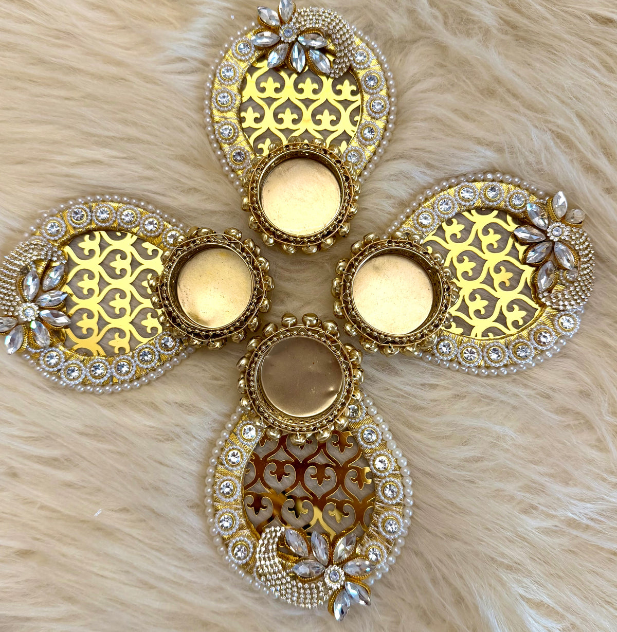 2x Pear Shaped Ghungroo Design Large Tea light Candle Holders Metal Mirrored and Diamantés Diyas | Diwali Decor | Navratri | Thaal Decoration