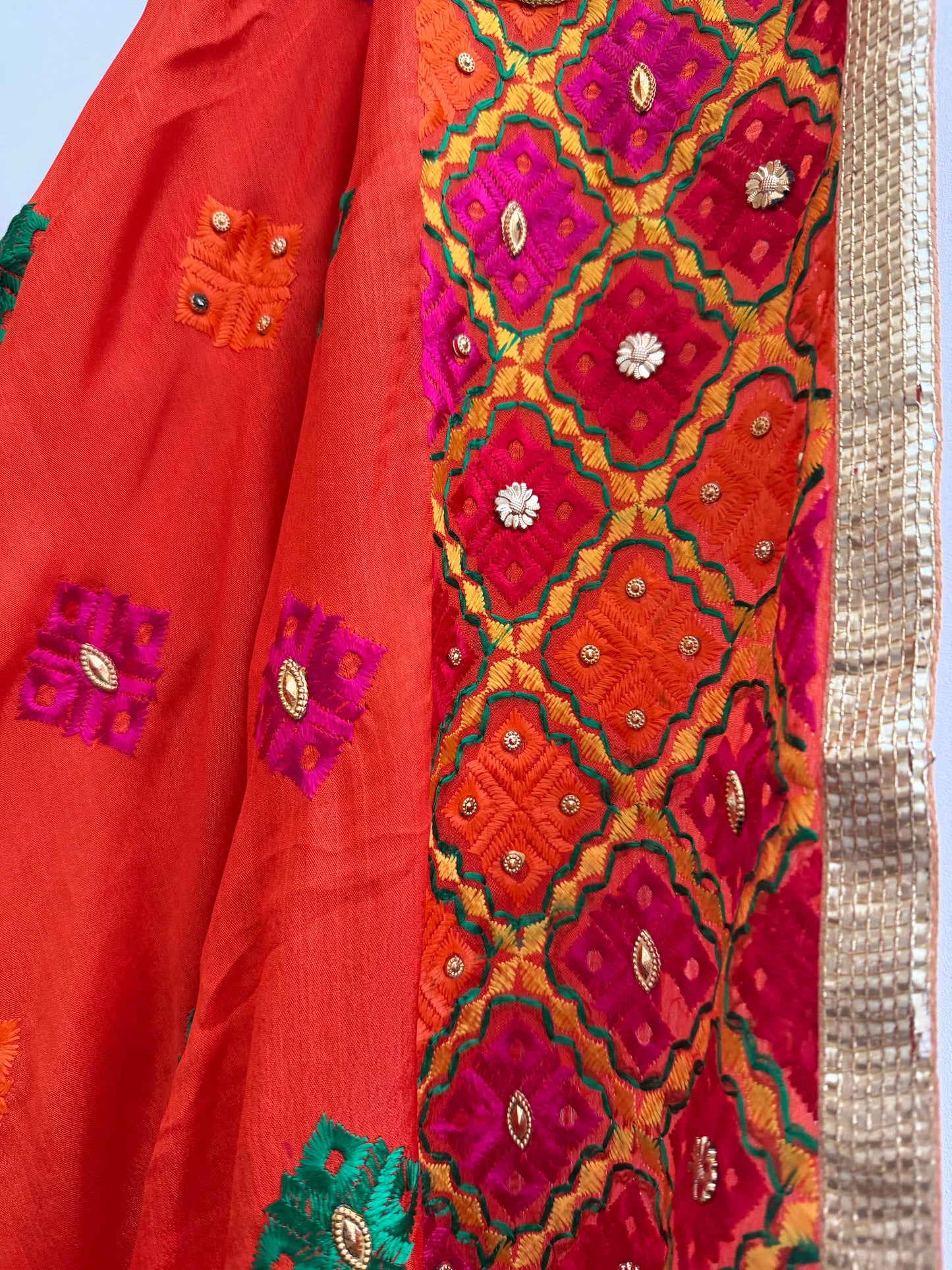 Orange Chinon Dupatta | Multicolor Mirror Embroidered Scarf | Indian Ethnic Dupatta | Lightweight Shawl Phulkari| Clearance