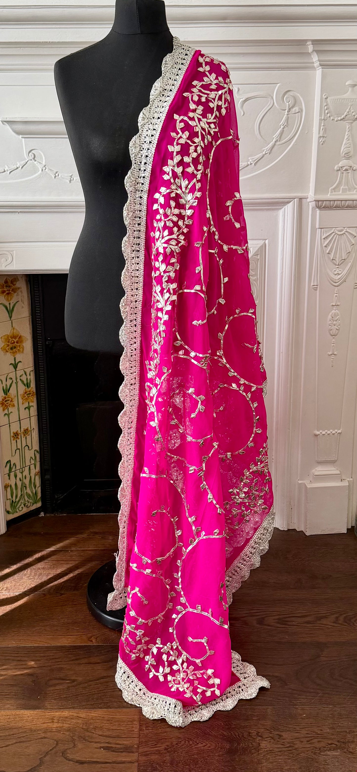 Hot-Pink Silver Georgette Dupattas Heavy gota work border Scarf Chunni Chunri Odhni| Clearance|Defects