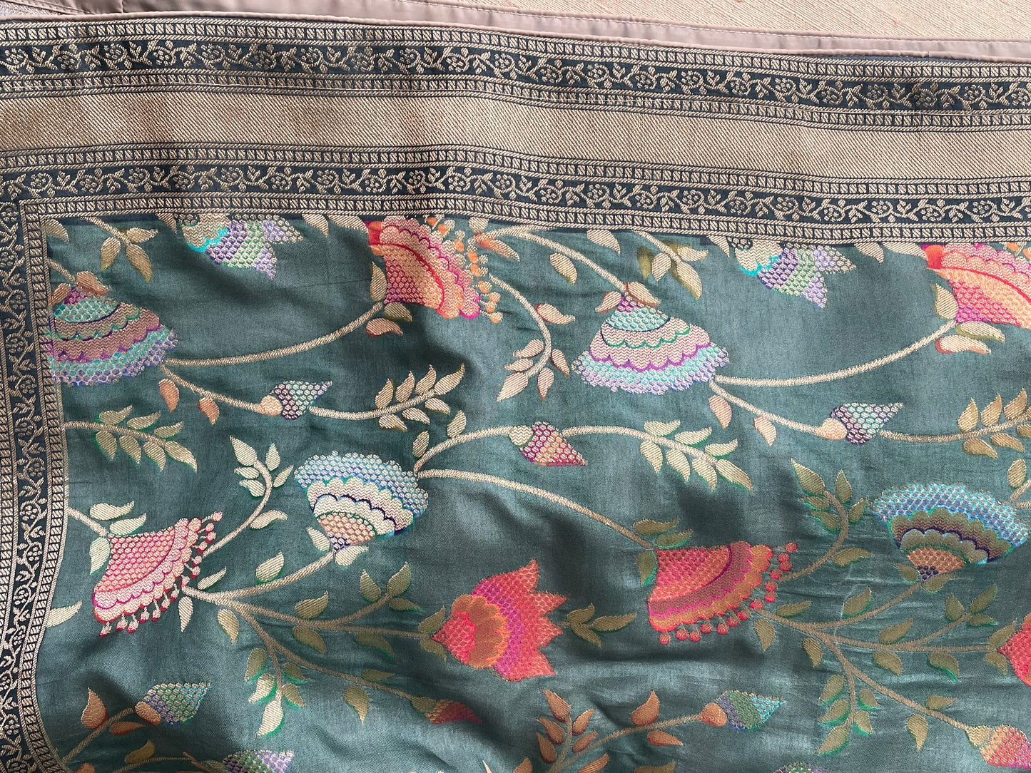 Vintage Muted Teal with Greyish undertones. Elegant & Suave Benarsi Banarsi Zari Woven Silk Duppattas Scarf Chunni Chunri Odhni