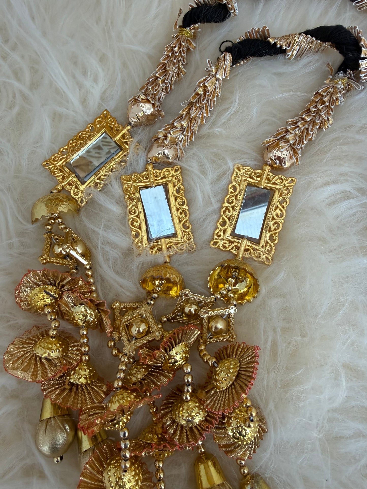 Gold Baubles Mirror Paranda Parande Mehendi Sangeet Maiyo Hair Braids Punjabi Weddings Phulkari