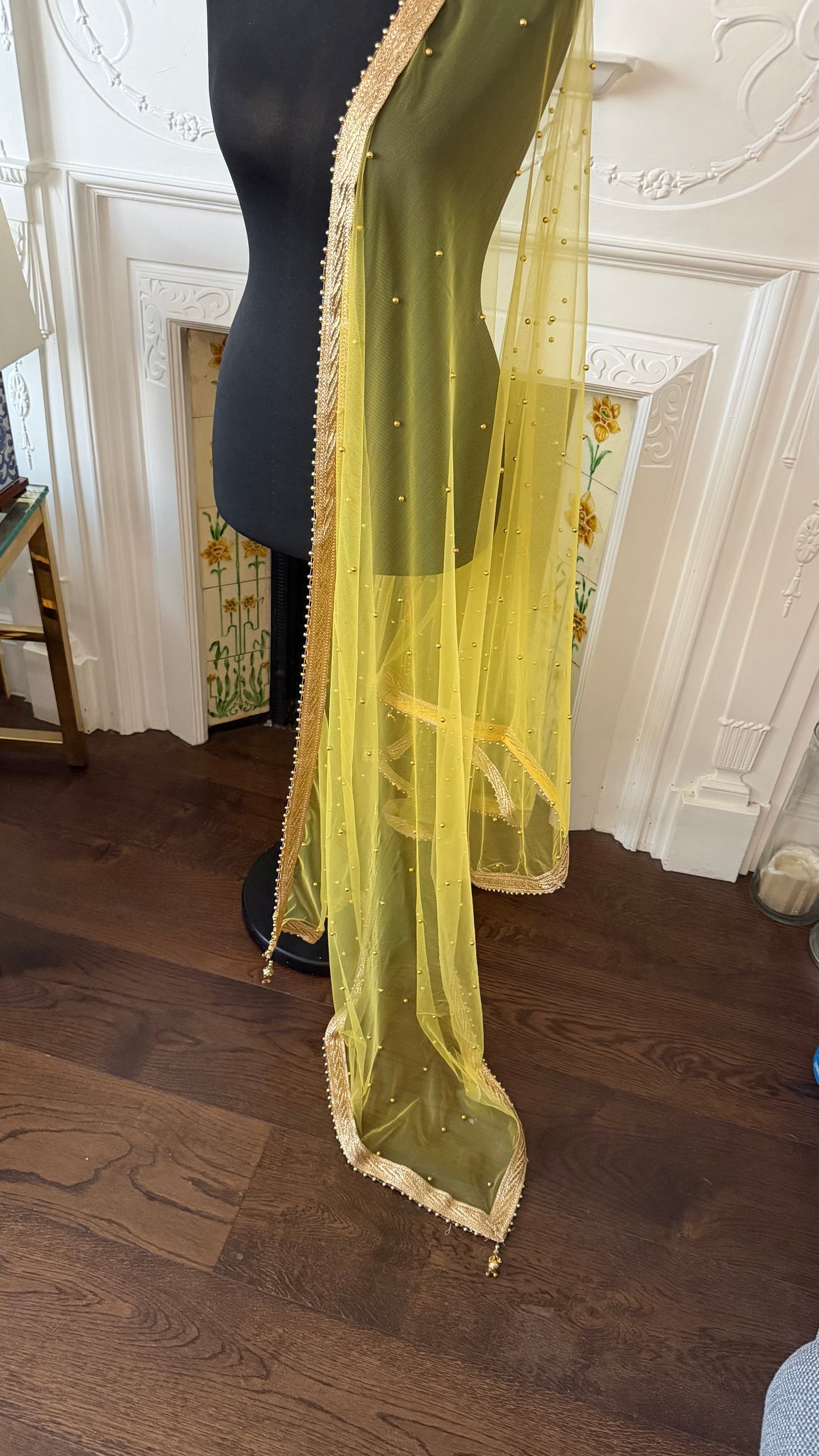 Yellow Net Dupatta| Sample Sale| Net| All over beads| Border | Latkan| Clearance might have slight defects**