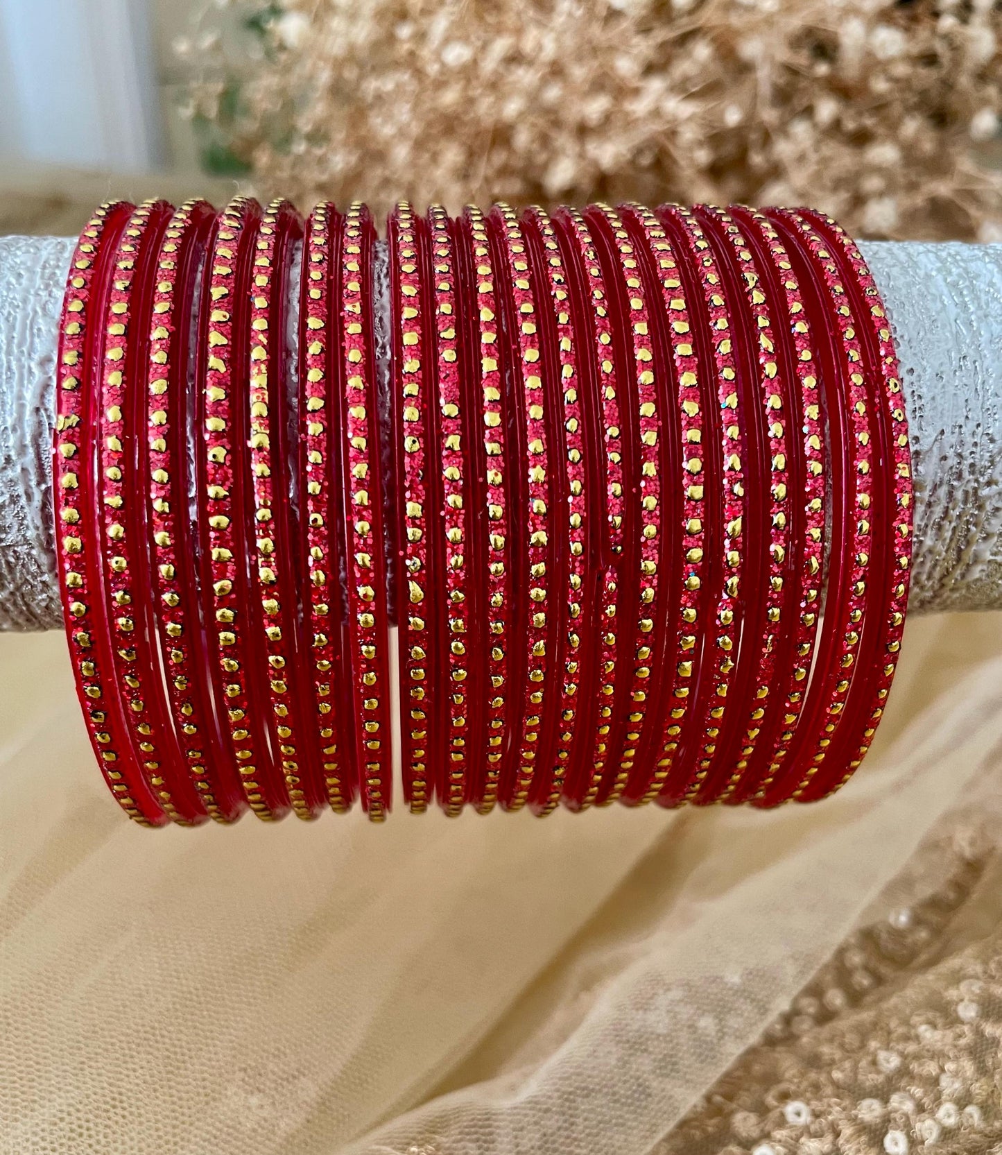 Glass Bangles- Pack of 10 Bangles| Red Various Designs