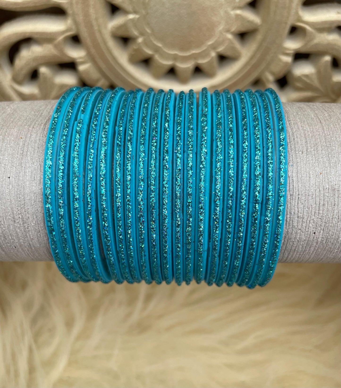 Glass Bangles- Light Blue Firozi Aqua Colour Pack of 12 Glitter