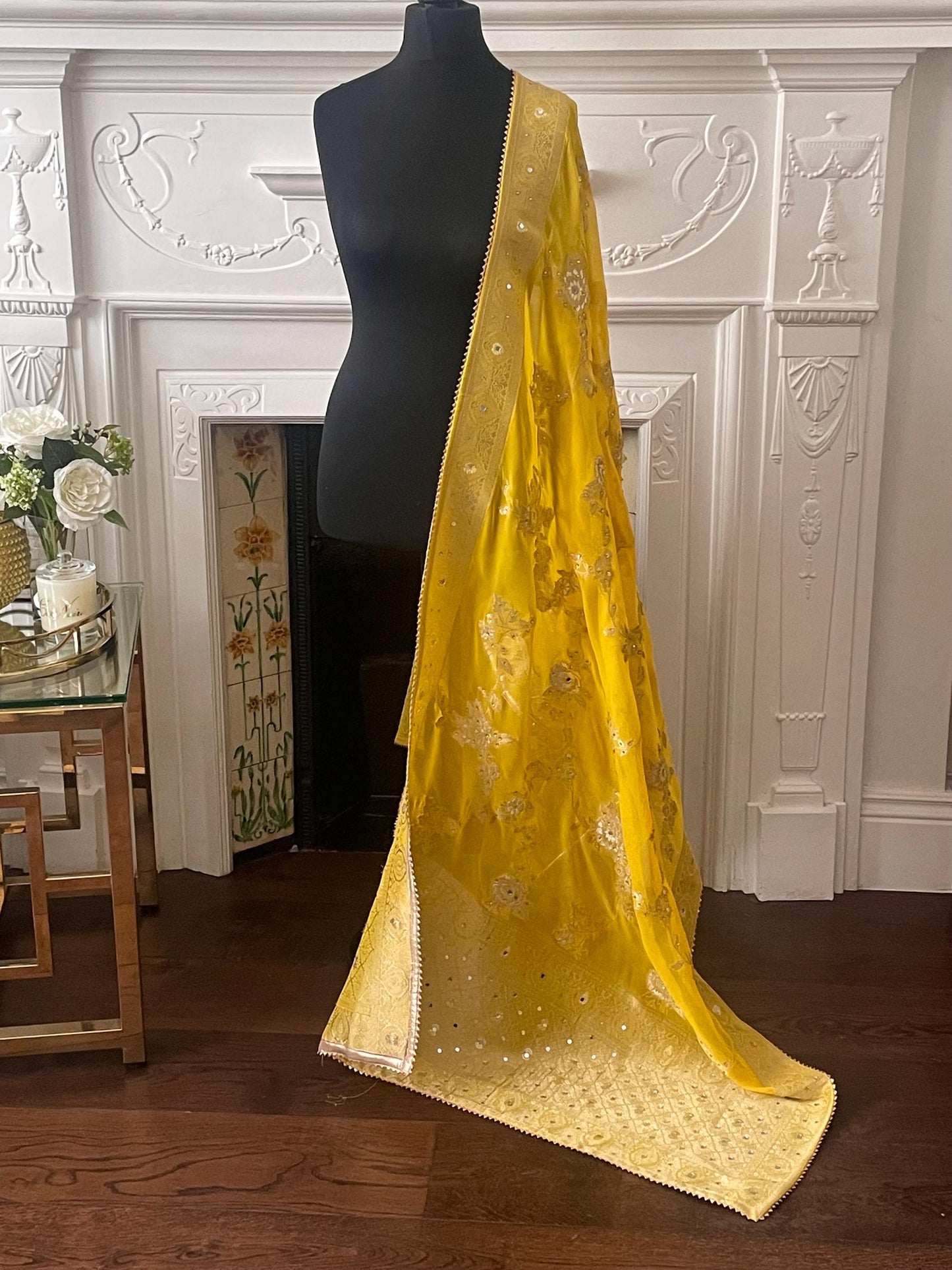 Yellow Benarsi Banarsi Duppattas Scarf Chunni Chunri Odhni with Mirrors and Champagne Rhinestones.