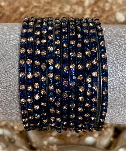Dark Blue Glass Bangles with sparkling LCD stones| 12 Bangles