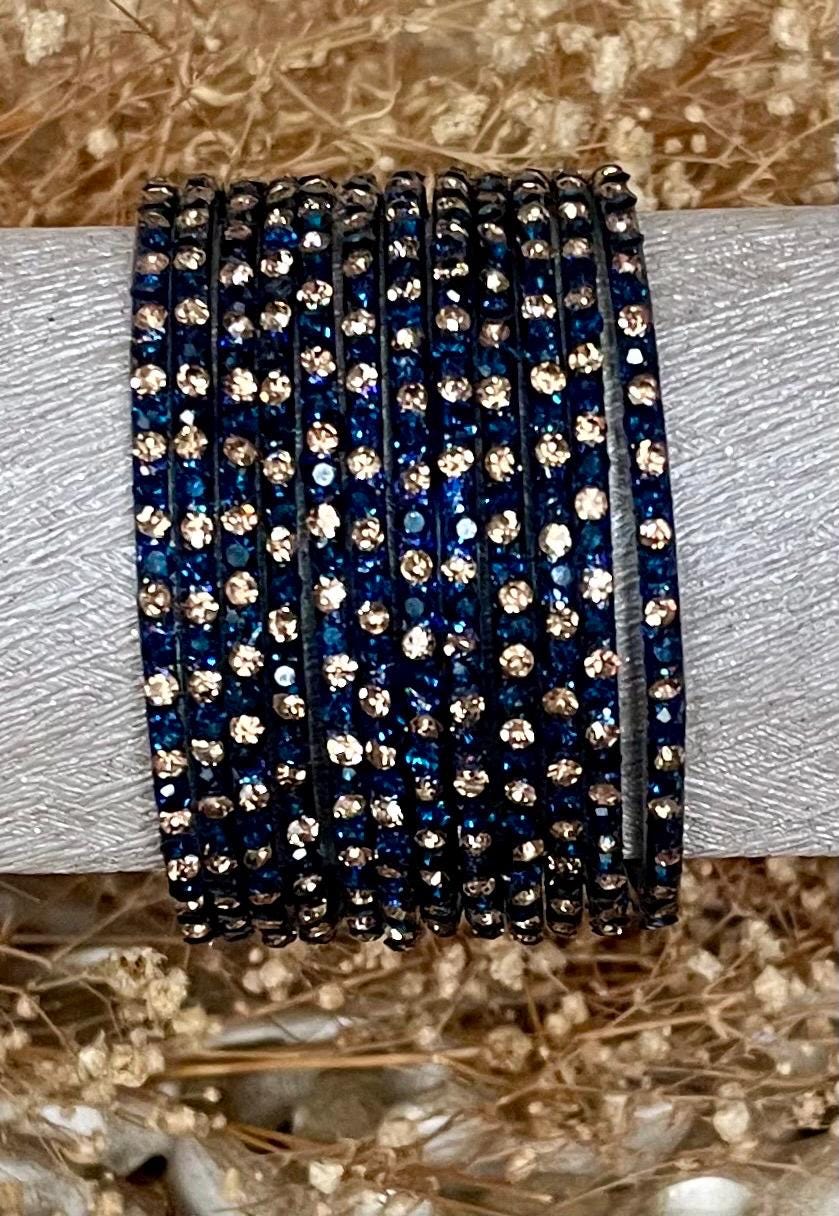 Dark Blue Glass Bangles with sparkling LCD stones| 12 Bangles