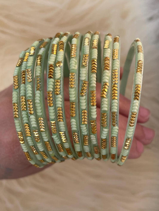 Glass Minty Soofiya Green Coloured Glass Bangles with embellishments | 12 Bangles