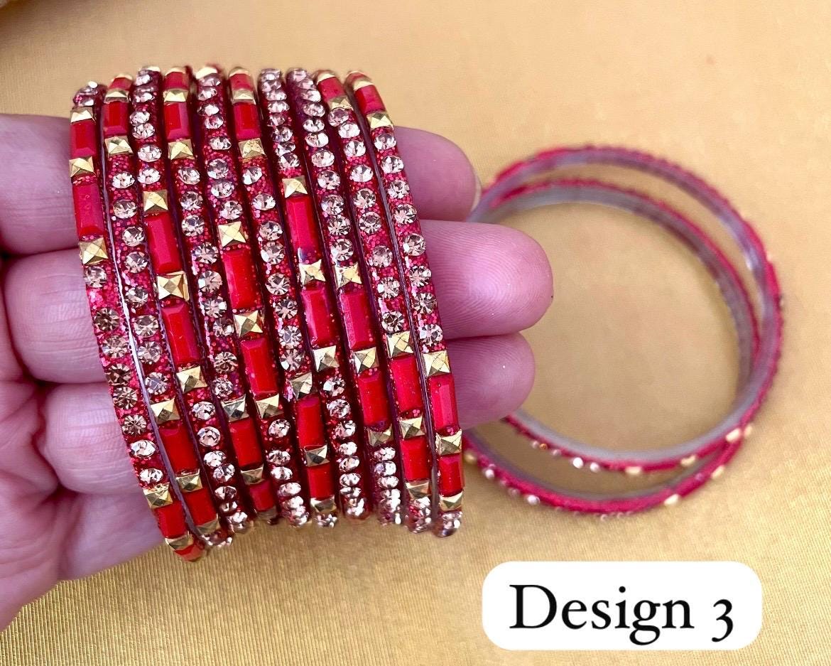 Glass Bangles- Pack of 10 Bangles| Red Various Designs