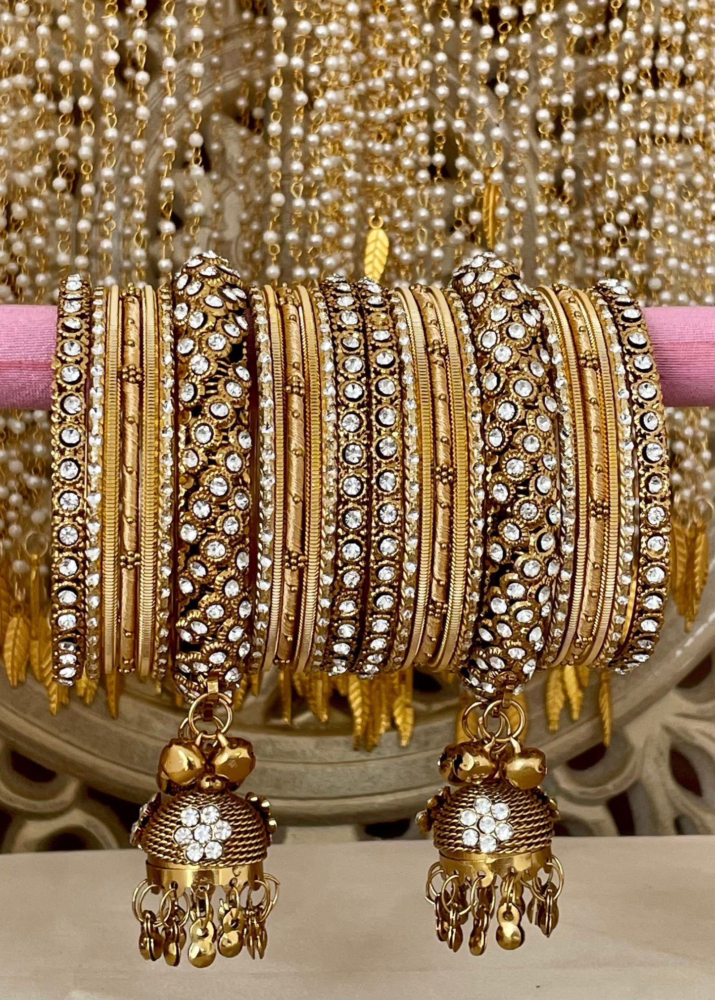 Indian Jhumki Latkan Metal& Thread Bangles Set Bollywood Costume Jewelry Diamante Rhinestones