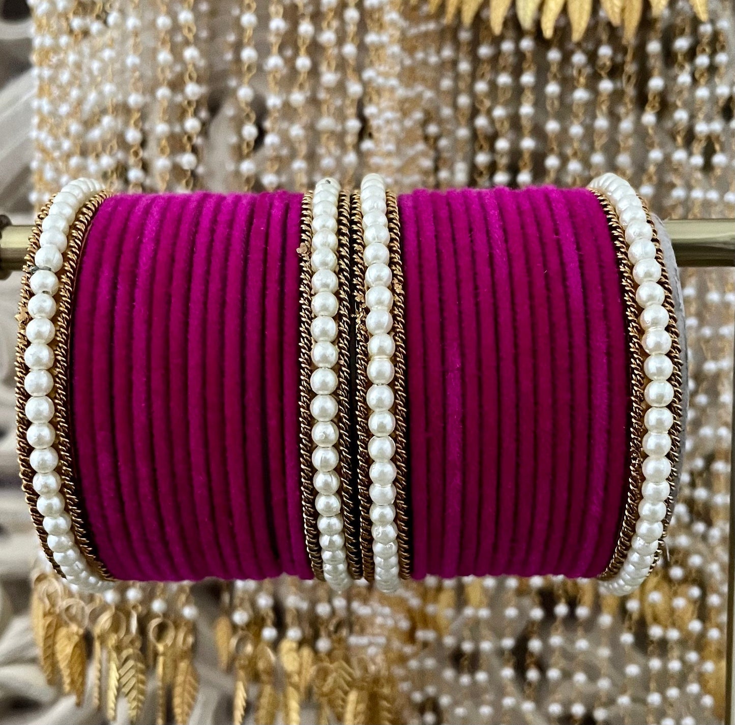Velvet & Pearl Bangle Stack: Indian Wedding Jewelry (28 Bangles)