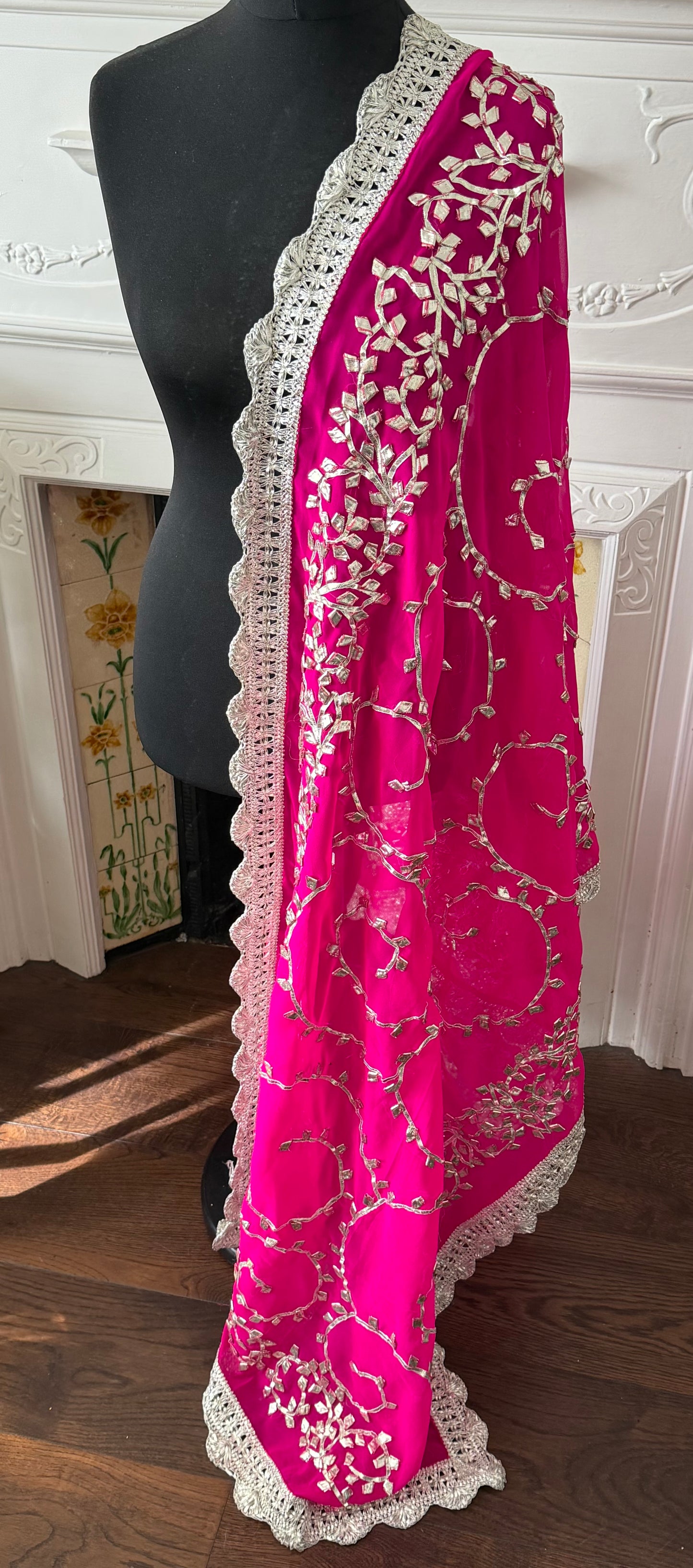 Hot-Pink Silver Georgette Dupattas Heavy gota work border Scarf Chunni Chunri Odhni| Clearance|Defects