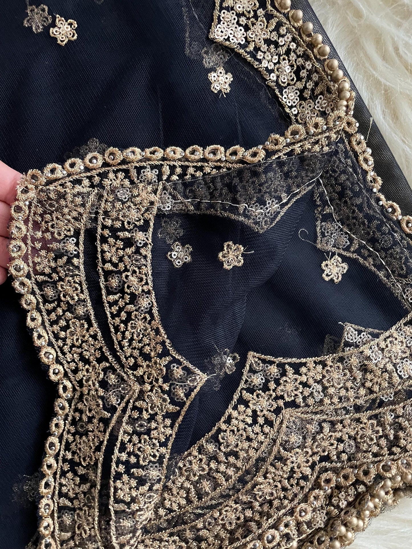 Navy - Blackish Blue| Net Duppattas scallop Sequin Golden beads border Scarf Chunni Chunri