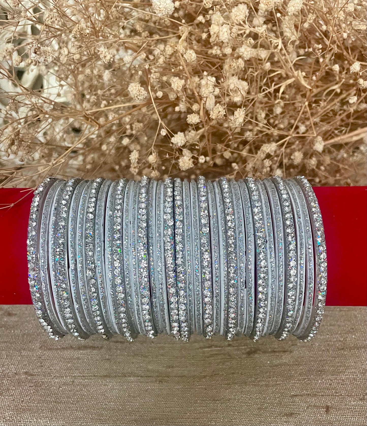 Glass Bangles Silver and White Sparkle and Glitter Stones | 32 Bangles| Set for two hands