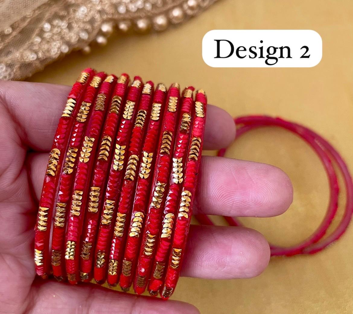 Glass Bangles- Pack of 10 Bangles| Red Various Designs