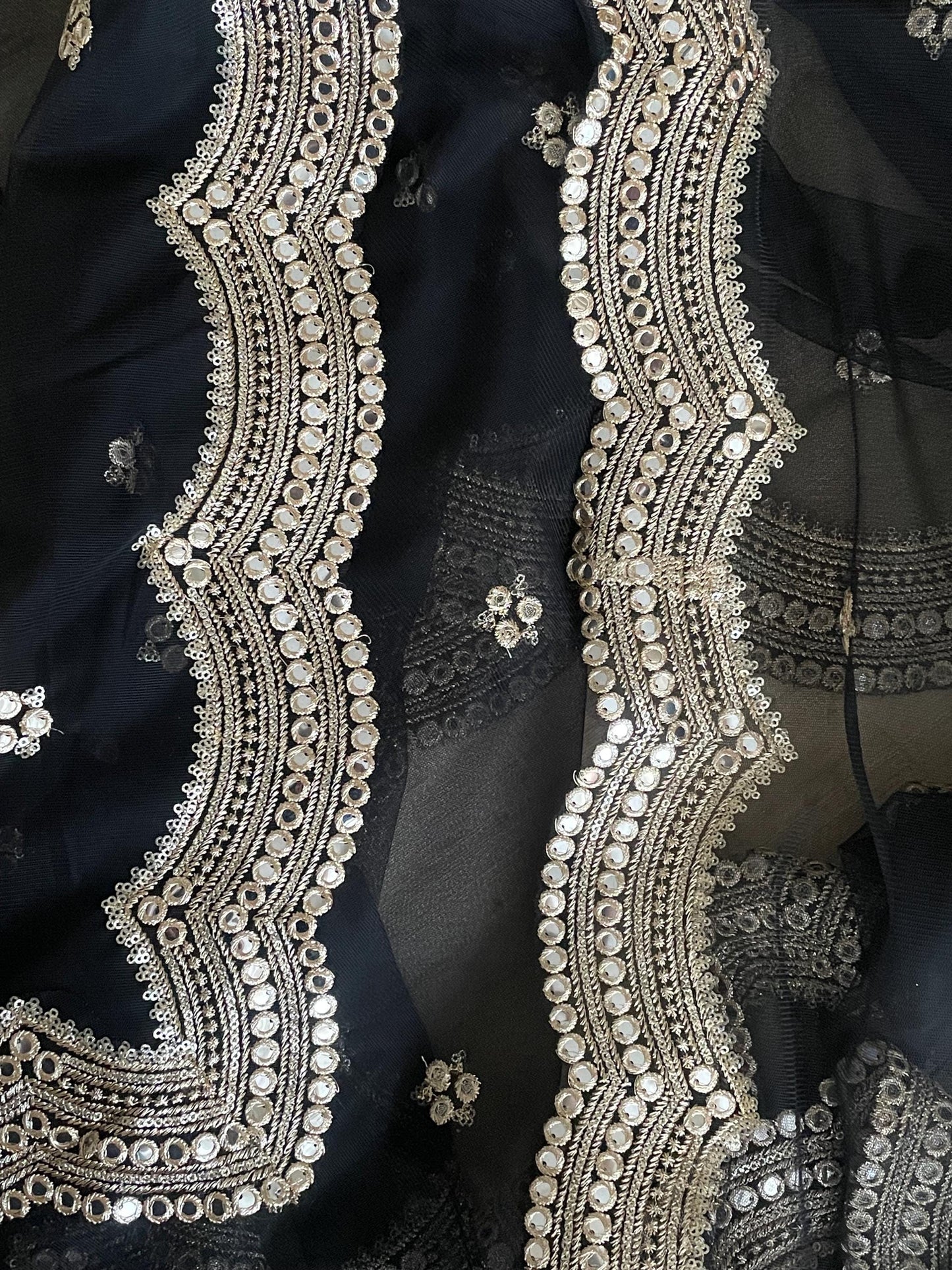 Black| Kalaa Net Duppattas scallop Sequin border Scarf Chunni Chunri Foil Mirror Border