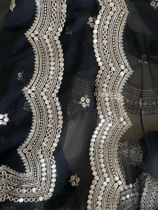 Black| Kalaa Net Duppattas scallop Sequin border Scarf Chunni Chunri Foil Mirror Border