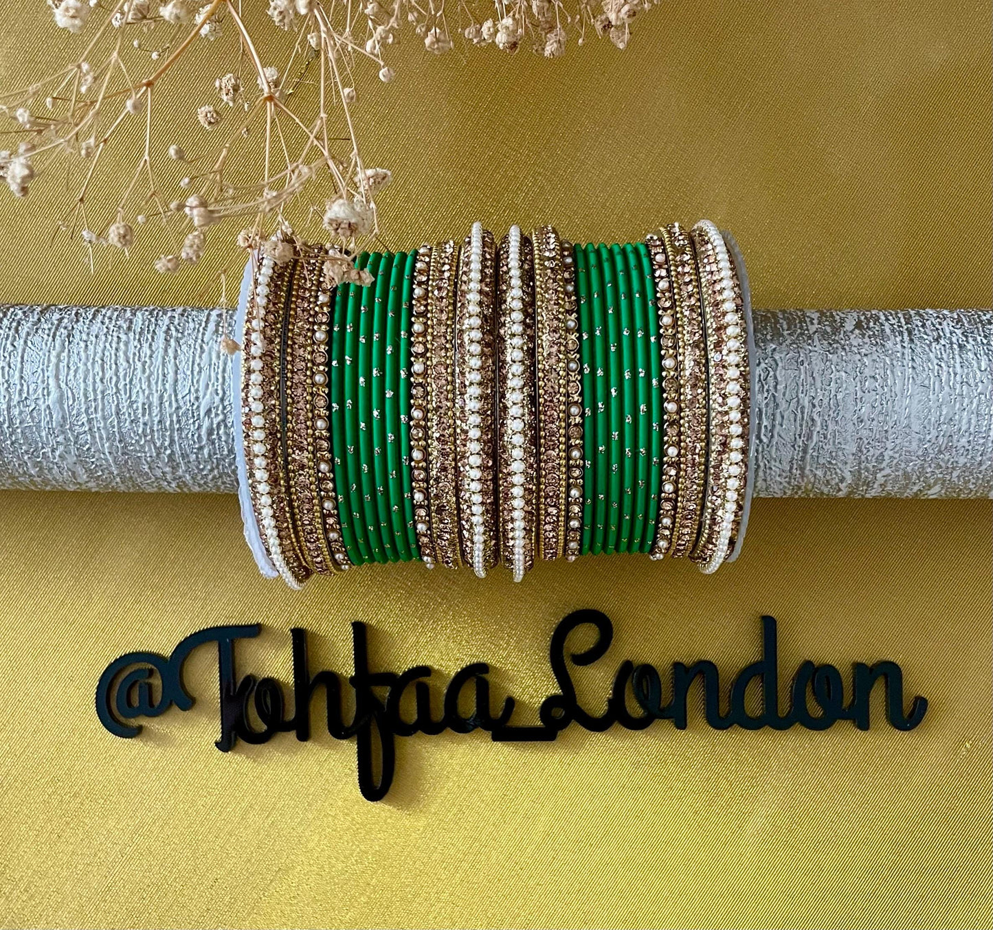 Kimran Bangle Stack for two hands- Pearls and Champagne coloured stones