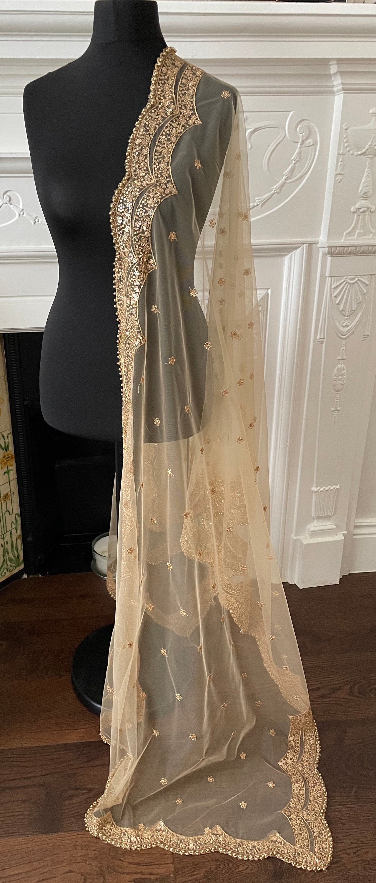 Gold/ Beige Net Duppattas scallop Sequin border Scarf Chunni Chunri Odhni Eid Outfit update Salwar Kameez