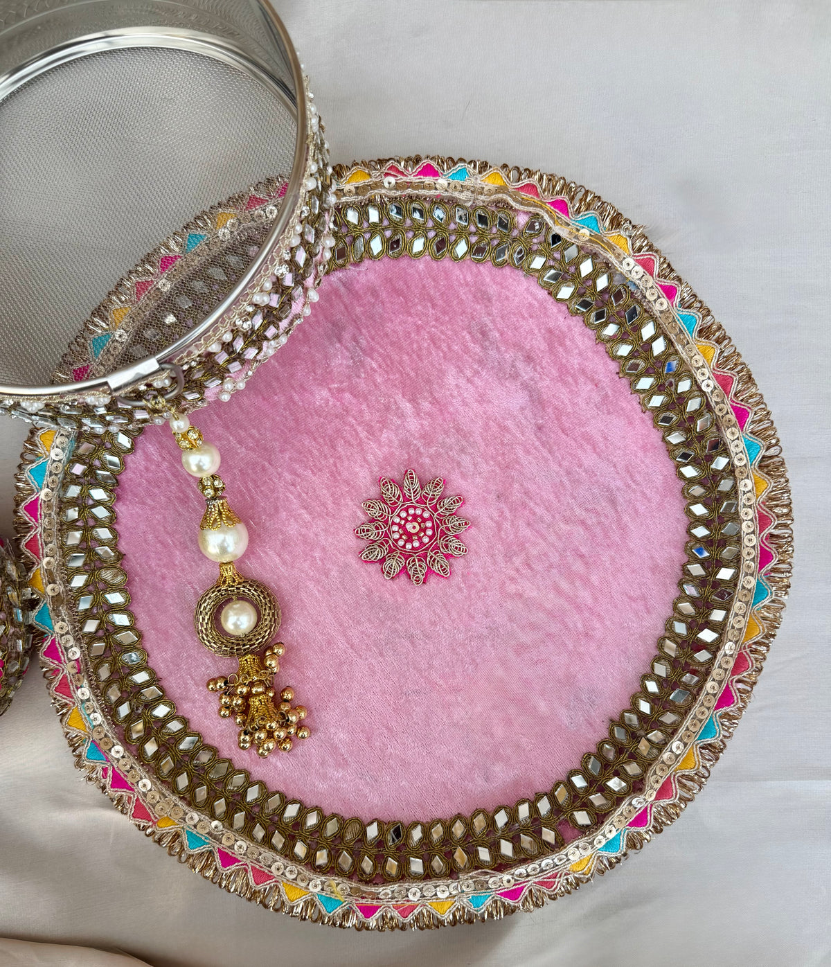 Pink Velvet Karwachauth/Karvachauth/Karwa Chauth/Teej Pooja Tray Thaal Karwa Set| 3 pieces