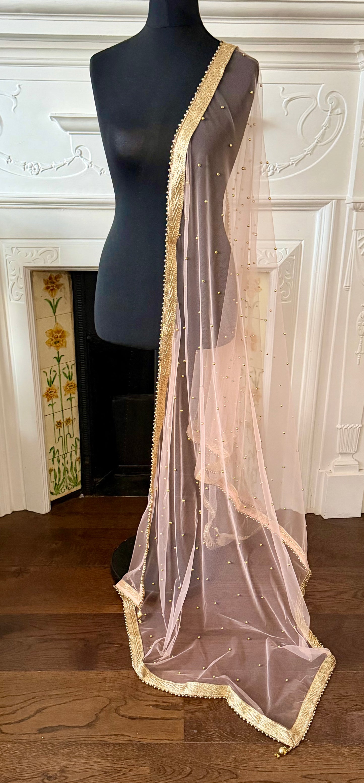 Peach Net Dupatta| Sample Sale| Net| All over beads| Border | Latkan| Clearance might have slight defects*