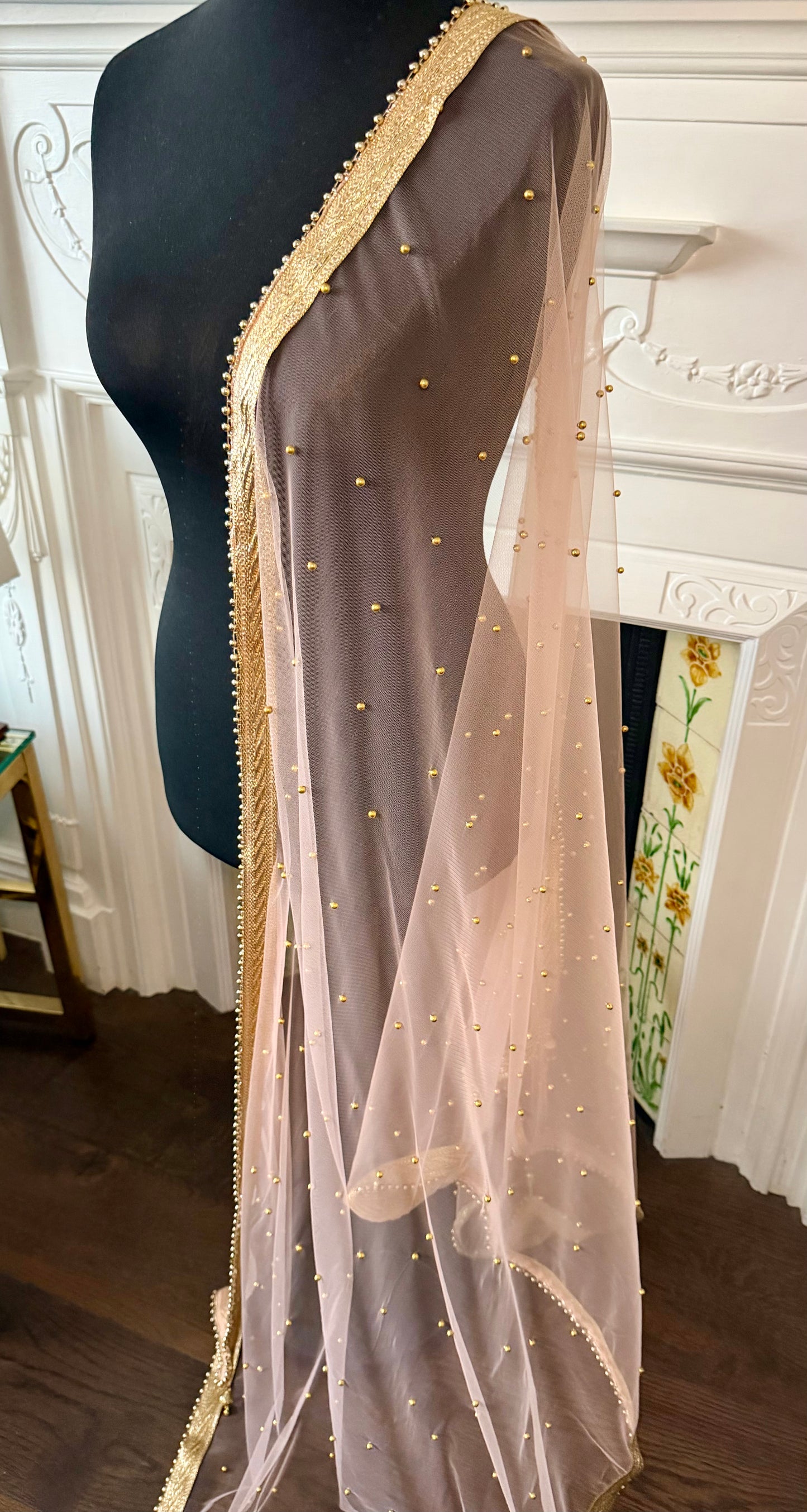 Peach Net Dupatta| Sample Sale| Net| All over beads| Border | Latkan| Clearance might have slight defects*