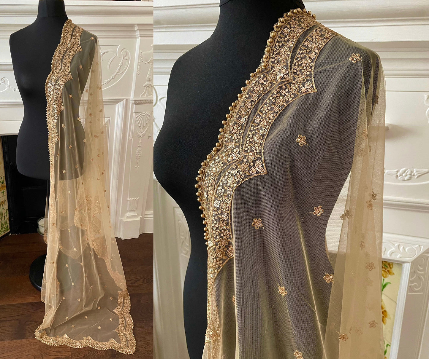 Gold/ Beige Net Duppattas scallop Sequin border Scarf Chunni Chunri Odhni Eid Outfit update Salwar Kameez