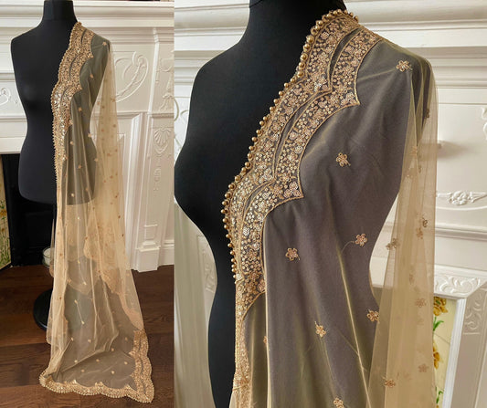 Gold/ Beige Net Duppattas scallop Sequin border Scarf Chunni Chunri Odhni Eid Outfit update Salwar Kameez