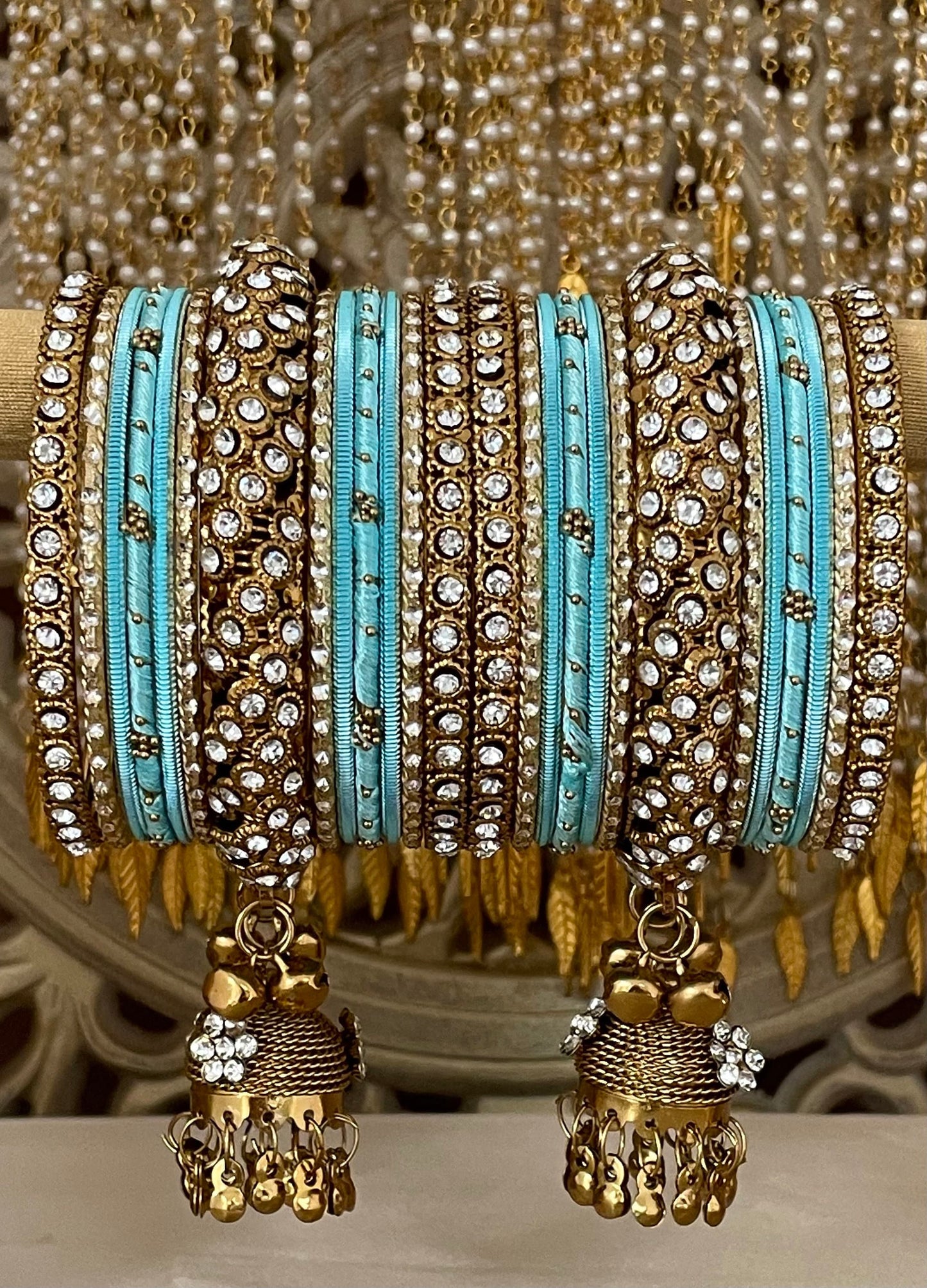 Indian Jhumki Latkan Metal& Thread Bangles Set Bollywood Costume Jewelry Diamante Rhinestones