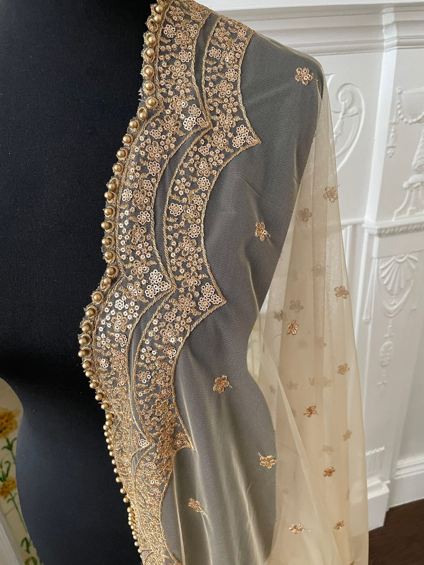 Gold/ Beige Net Duppattas scallop Sequin border Scarf Chunni Chunri Odhni Eid Outfit update Salwar Kameez