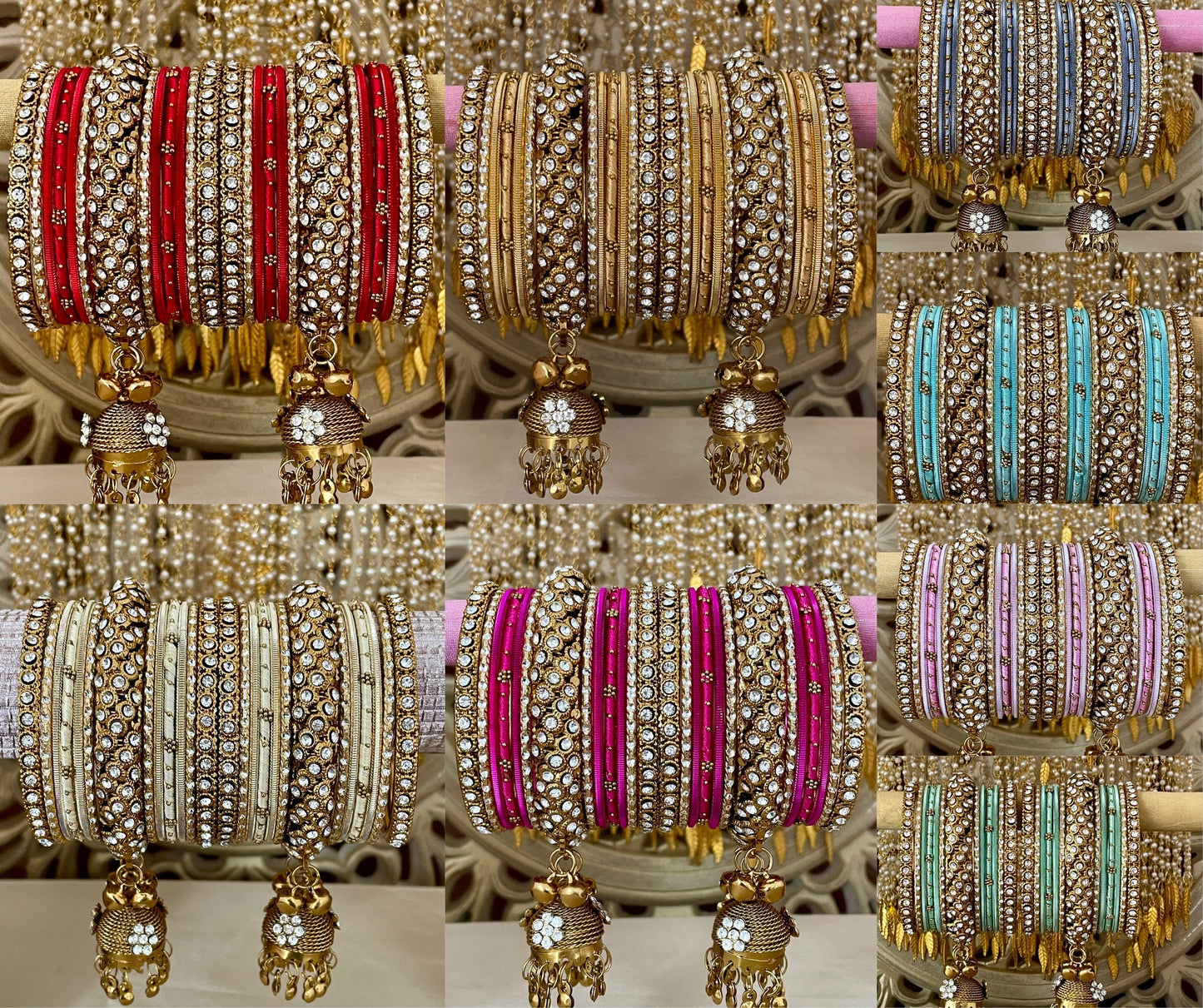 Indian Jhumki Latkan Metal& Thread Bangles Set Bollywood Costume Jewelry Diamante Rhinestones