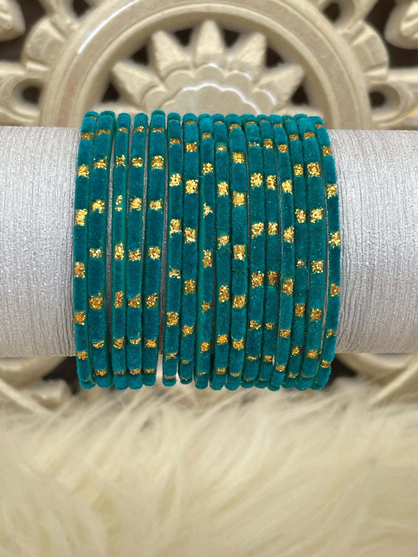 Peacock Green Teal Glass Bangles Set with Gold Dots – Indian Traditional Stack Bracelets for Women, Wedding Jewelry| 10 Bangles