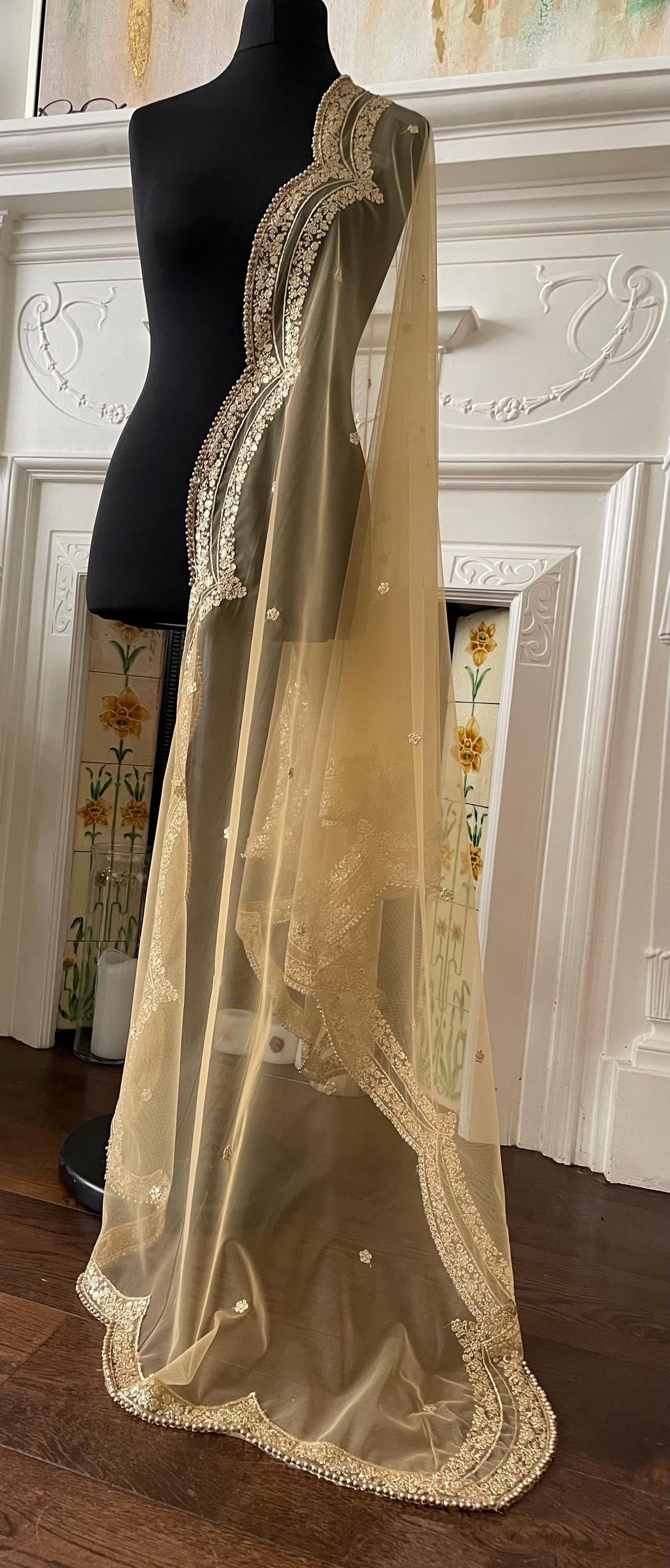 Gold Net Dupatta: Scalloped Sequin Border, Beaded Edges
