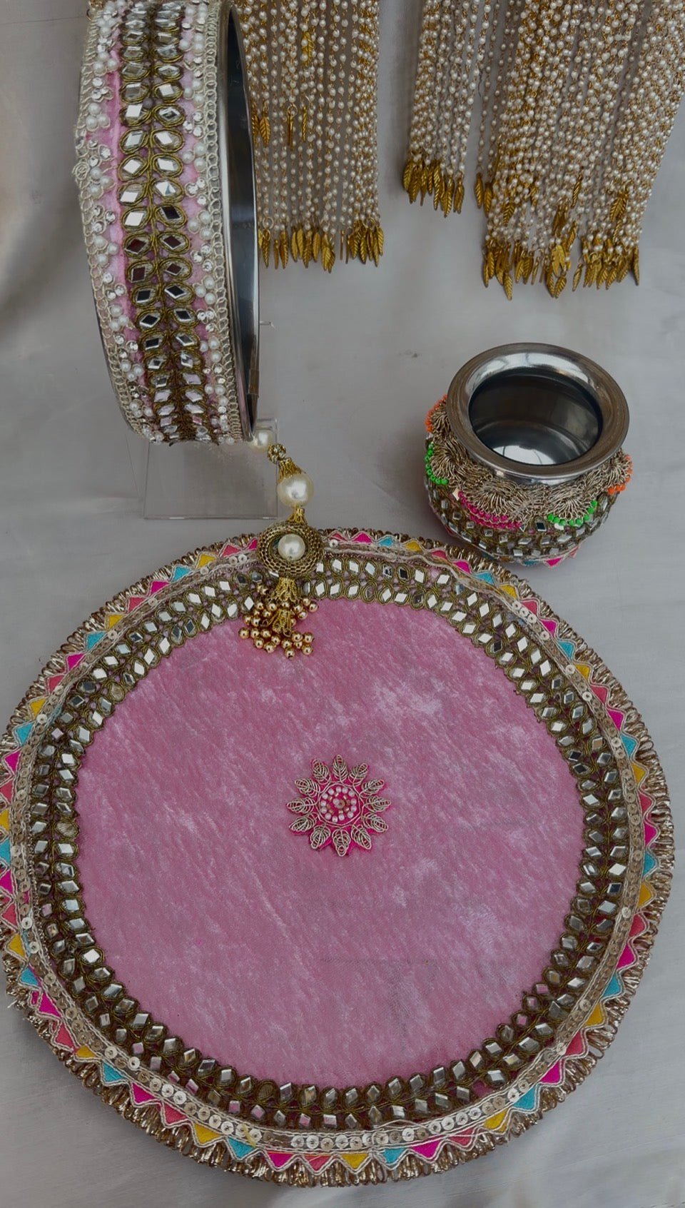 Pink Velvet Karwachauth/Karvachauth/Karwa Chauth/Teej Pooja Tray Thaal Karwa Set| 3 pieces