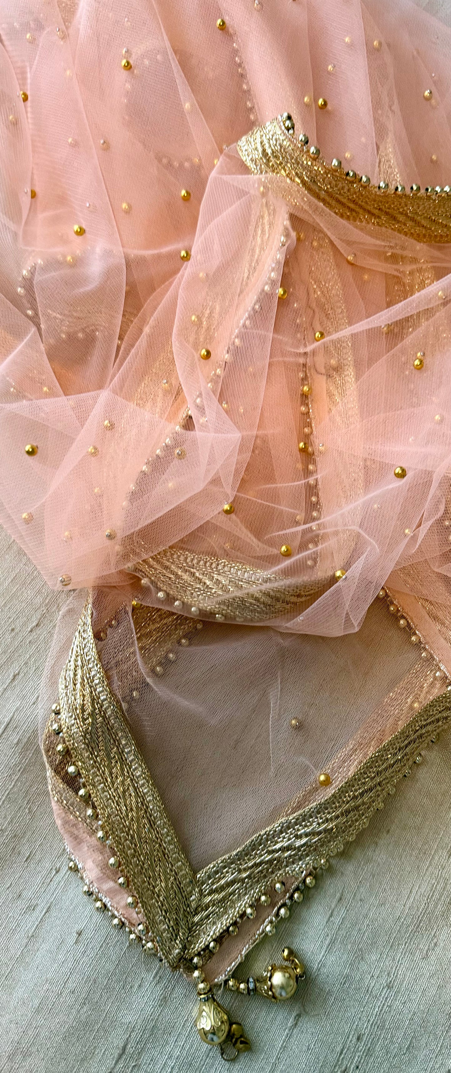 Peach Net Dupatta| Sample Sale| Net| All over beads| Border | Latkan| Clearance might have slight defects*