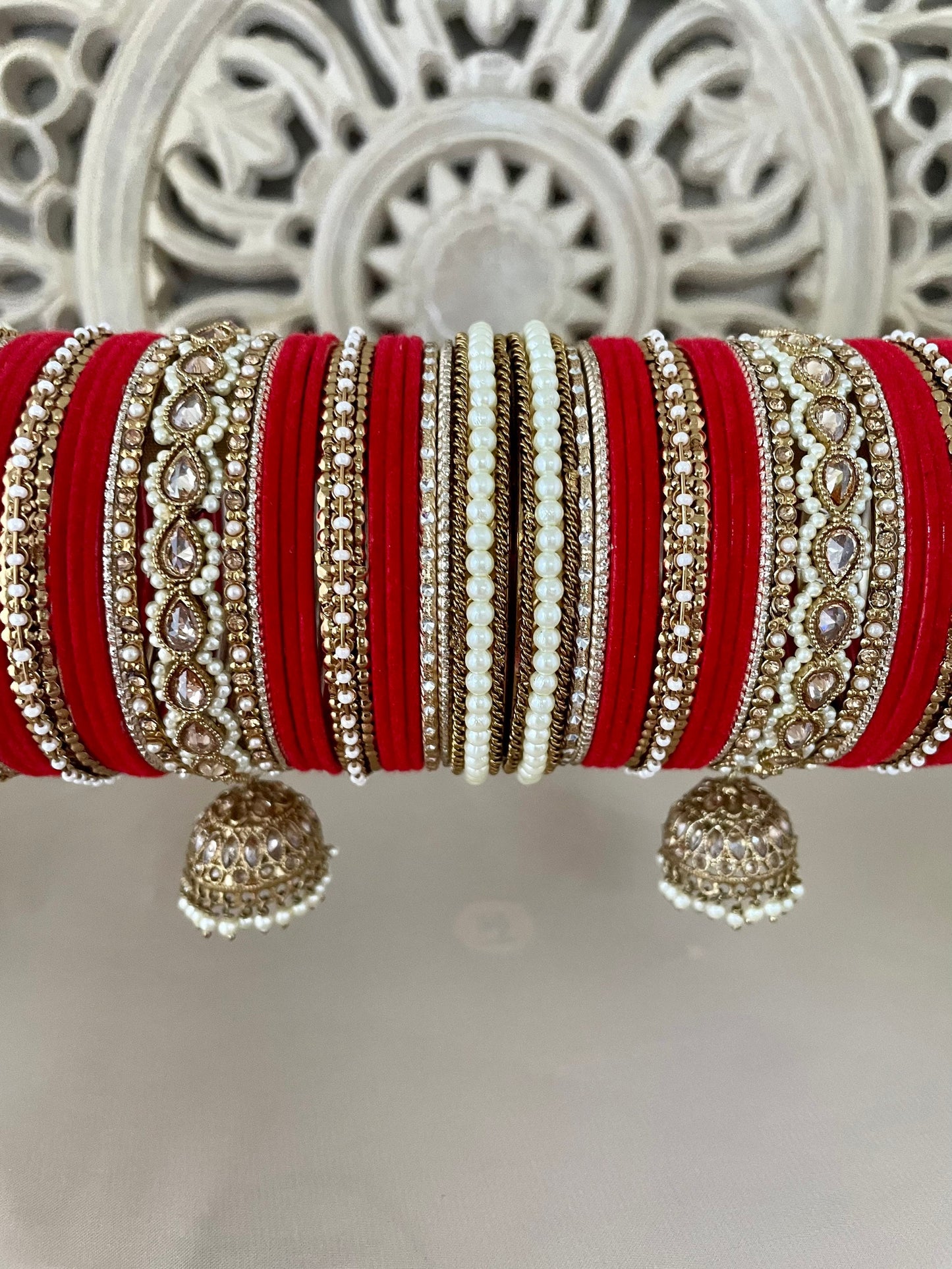 Red Velvet Bangle Stack: Pearl Kundan Jhumki Kangan, Indian Bridal Jewelry (Set of 50)