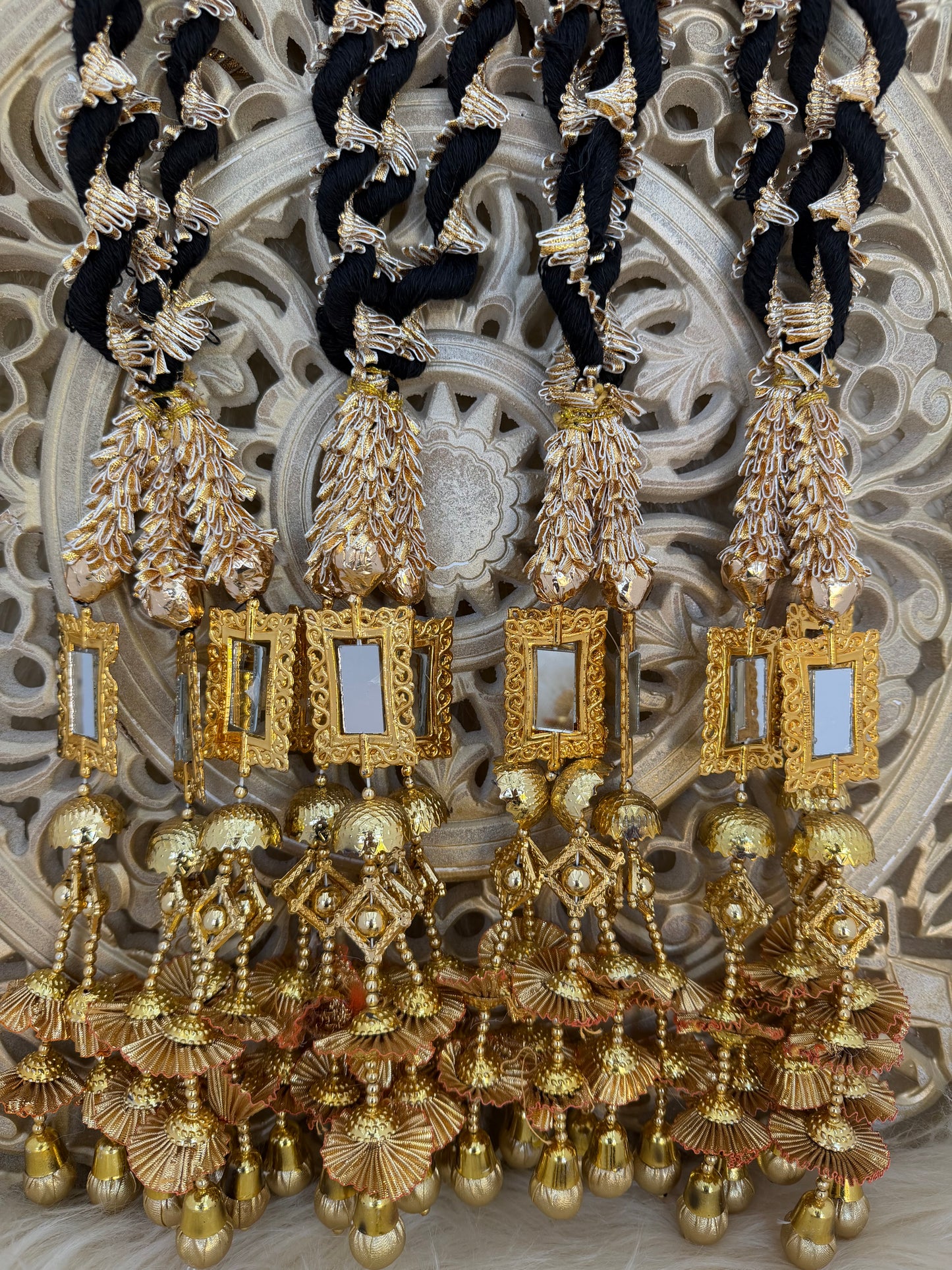 Gold Baubles Mirror Paranda Parande Mehendi Sangeet Maiyo Hair Braids Punjabi Weddings Phulkari