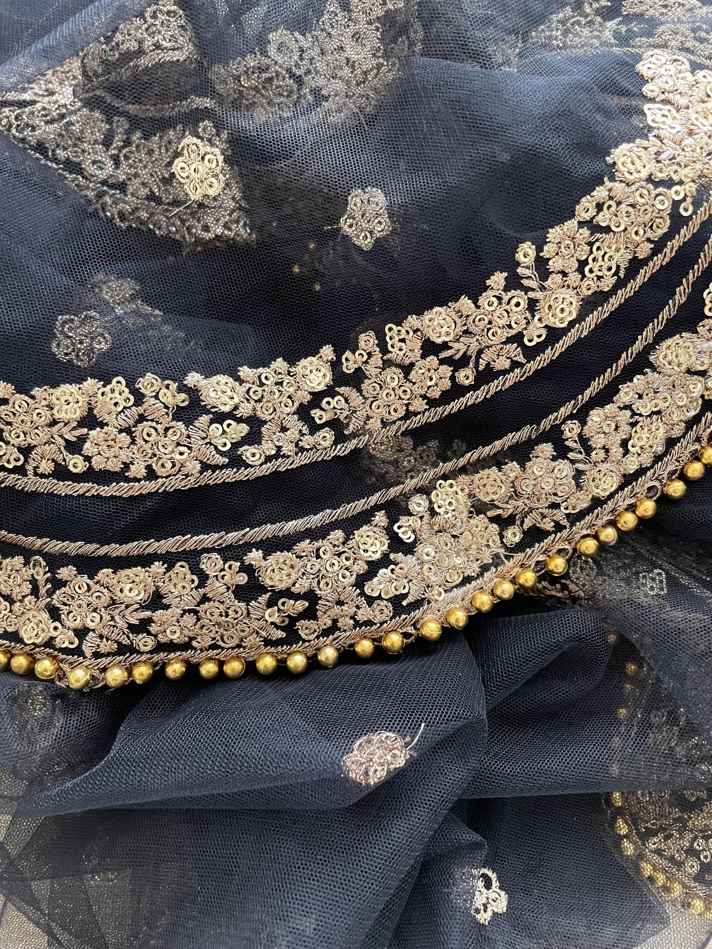 Black Net Dupatta: Scalloped Sequin Border, Golden Beads