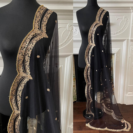 Black Net Dupatta: Scalloped Sequin Border, Golden Beads