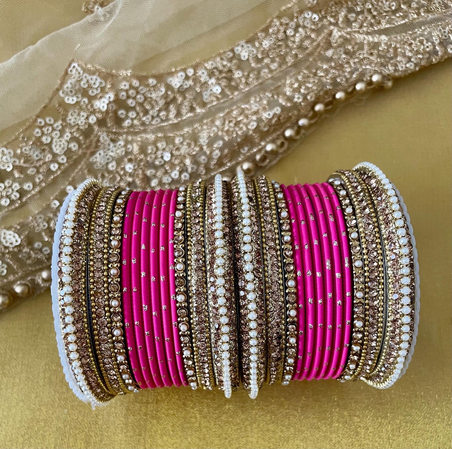 Kimran Bangle Stack for two hands- Pearls and Champagne coloured stones