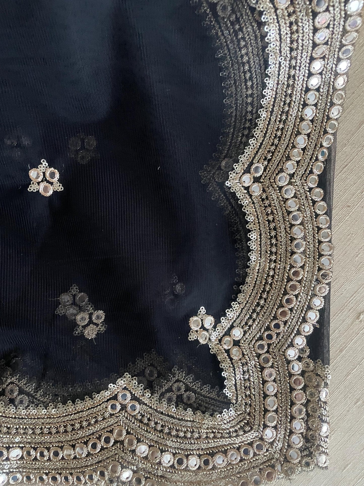 Black| Kalaa Net Duppattas scallop Sequin border Scarf Chunni Chunri Foil Mirror Border