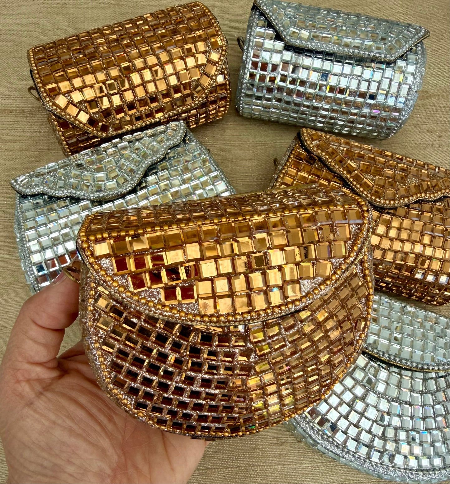 Glistening Mirrors Metal Mini Clutch Evening bags| Minaudière| Choise from Silver or Copper Finishes