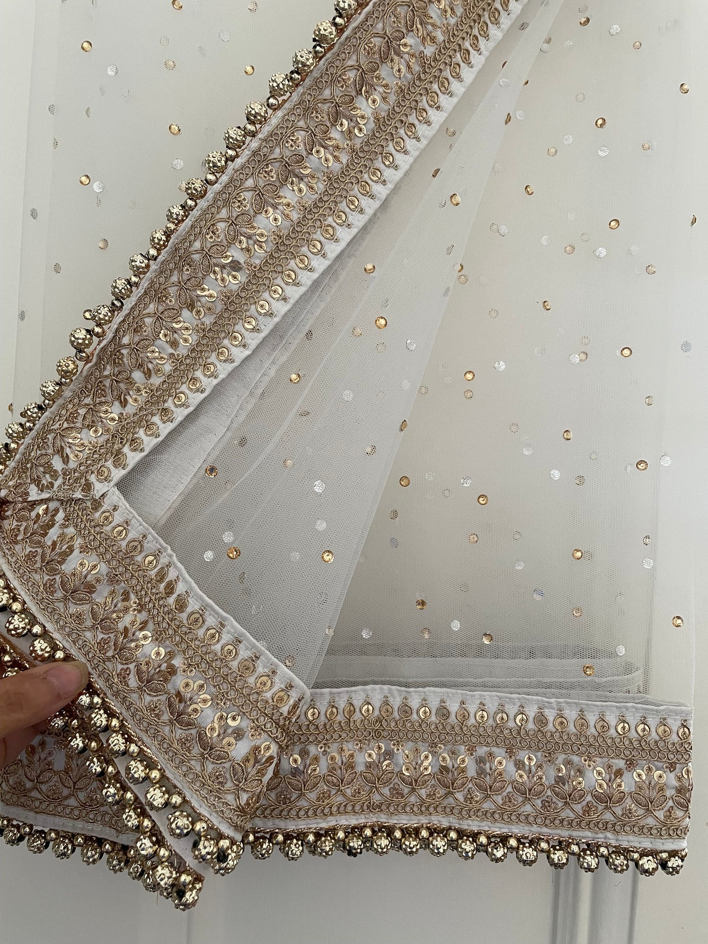 White Bridal Net Duppatta: Golden Bead Trim, Indian Wedding Scarf