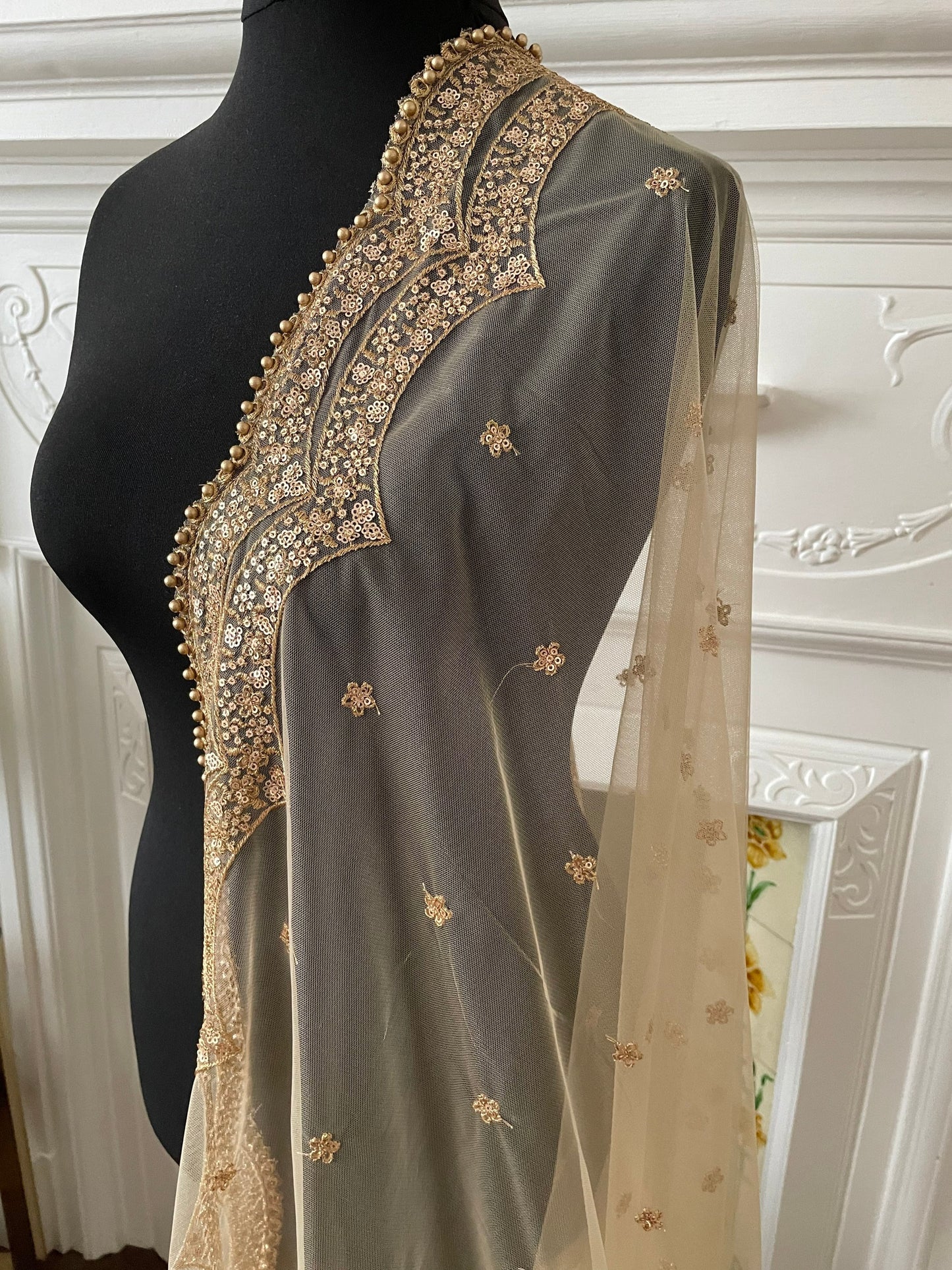 Gold/ Beige Net Duppattas scallop Sequin border Scarf Chunni Chunri Odhni Eid Outfit update Salwar Kameez