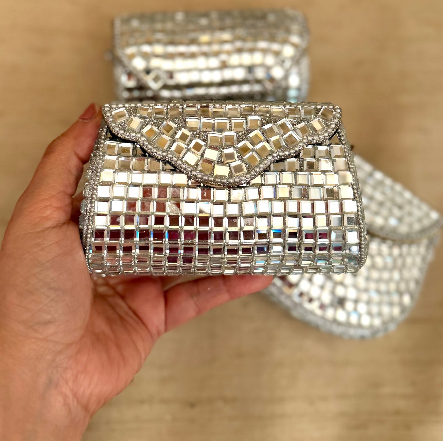 Glistening Mirrors Metal Mini Clutch Evening bags| Minaudière| Choise from Silver or Copper Finishes